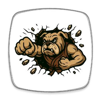 Starke Bulldogge Schlägt Durch Wand Karikatur - Viereckiger Kühlschrankmagnet - Weiß - Vorne