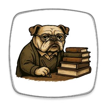 Bulldog Writer with Books Scholarly Cartoon Art - Square fridge magnet - white - Front