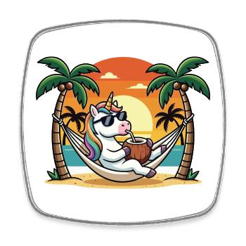 Drôle de licorne sur le hamac de plage pendant les vacances d’été - Magnet carré - blanc - Devant