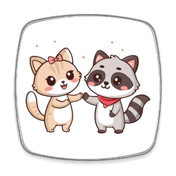 Amitié Kawaii: Chat et Raton-Laveur - Magnet carré - blanc - Devant
