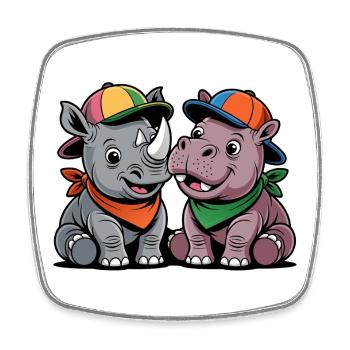 Bébé Rhinocéros & Hippo – Duo d’animaux mignons avec une casquette - Magnet carré - blanc - Devant