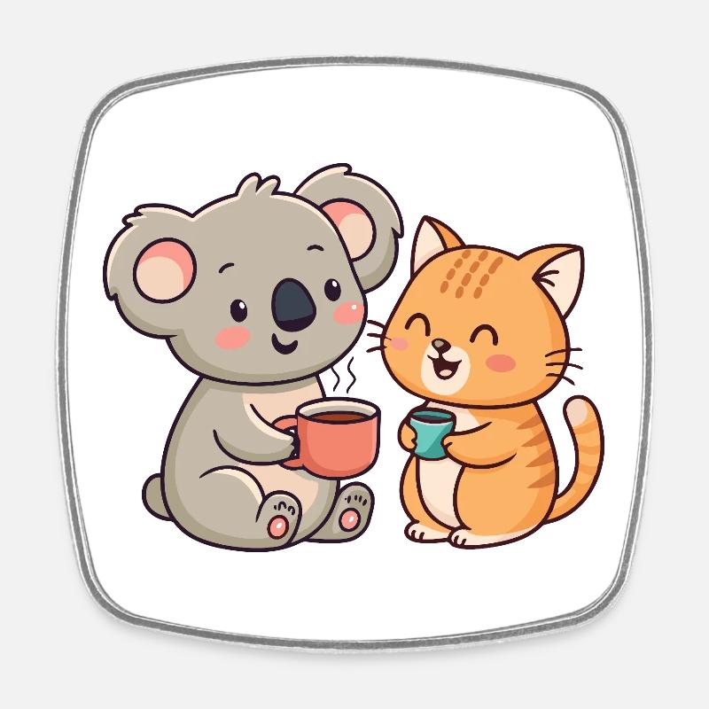 Amitié Café Koala et Chat - Magnet carré - blanc