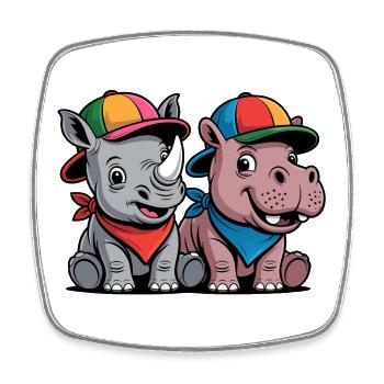 Bébé Rhinocéros et Hippopotame Drôles – Duo d’animaux mignons - Magnet carré - blanc - Devant