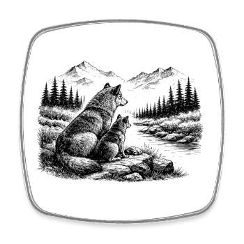 Wolf und Kind in der Natur – Berge, Wald, Fluss - Viereckiger Kühlschrankmagnet - Weiß - Vorne