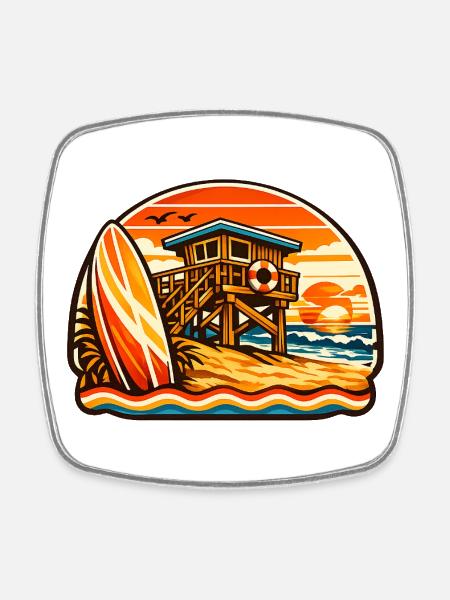 Beach Lifeguard Sunset Surfboard - Square fridge magnet - white