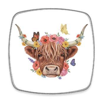 Bovins des Highlands à couronne de fleurs - Magnet carré - blanc - Devant