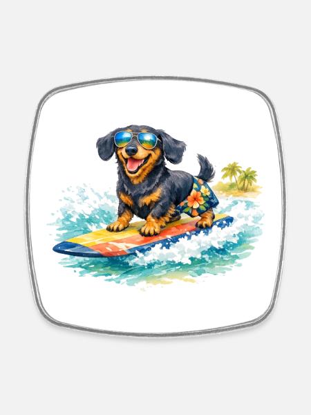 Dachshund Surfing in Sunshine - Square fridge magnet - white