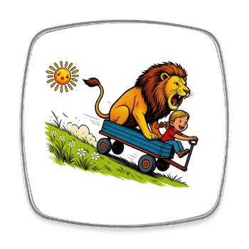 Promenade en lion sauvage dans une charrette bleue - Magnet carré - blanc - Devant