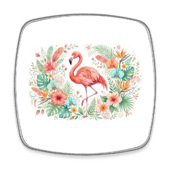 Flamant rose dans une couronne de fleurs tropicales - Magnet carré - blanc - Devant