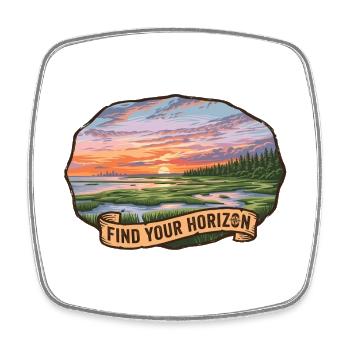 Paysage pittoresque avec coucher de soleil et ruban - Magnet carré - blanc - Devant