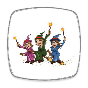 Illustration de 3 sorcières joyeuses sur des balais - Magnet carré - blanc - Devant