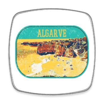 Retro-Abzeichen, Algarve Portugal, Strand Sommersonne - Viereckiger Kühlschrankmagnet - Weiß - Vorne