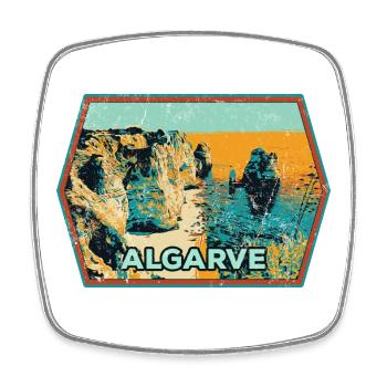 Retro-Abzeichen, Algarve Portugal, Strand Sommersonne - Viereckiger Kühlschrankmagnet - Weiß - Vorne