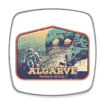 Retro-Abzeichen, Algarve Portugal, Strand Sommersonne - Viereckiger Kühlschrankmagnet - Weiß - Vorne