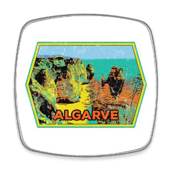 Retro-Abzeichen, Algarve Portugal, Strand Sommersonne - Viereckiger Kühlschrankmagnet - Weiß - Vorne