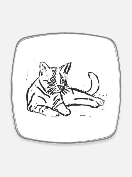 Elegant sketch print with cat - Square fridge magnet - white