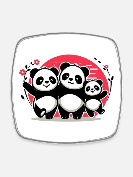 Famille Pandas - 1 parent 2 enfants - Magnet carré - blanc