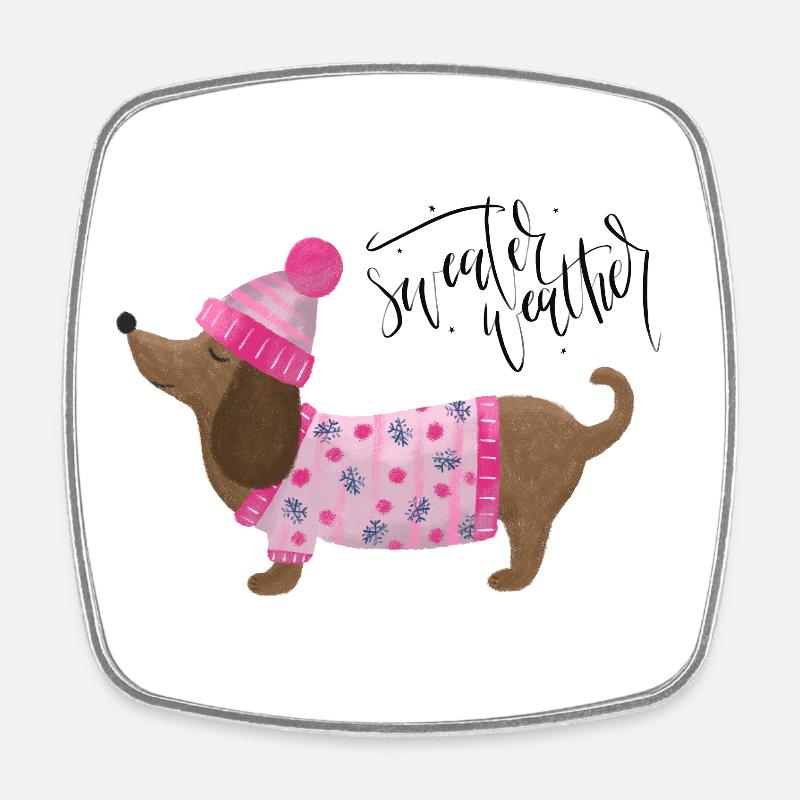 Teckel avec pull et chapeau Pull Météo rose - Magnet carré - blanc