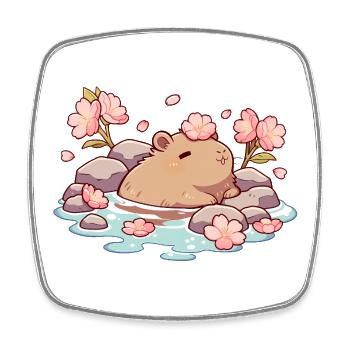 Onsen Capybara mignon – Design Kawaii de la Fleur de Cerisier - Magnet carré - blanc - Devant