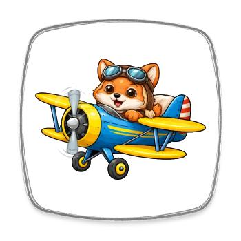 Fuchs Pilot Doppeldecker Flugzeug Cartoon   - Viereckiger Kühlschrankmagnet - Weiß - Vorne