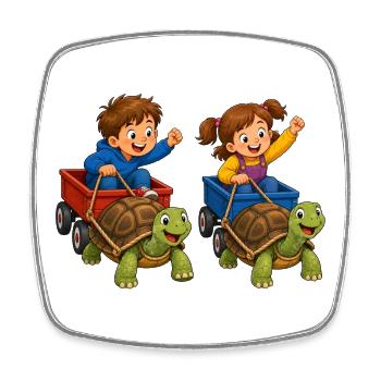 Kids turtle race in handcart fun - Square fridge magnet - white - Front