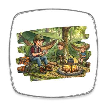 Dad with 2 sons at the campfire - Square fridge magnet - white - Front