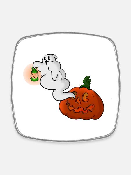Ghost with lantern over pumpkin - Square fridge magnet - white
