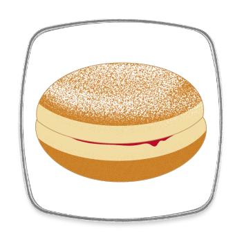 Faschings Krapfen mit Puderzucker und Marmelade - Viereckiger Kühlschrankmagnet - Weiß - Vorne