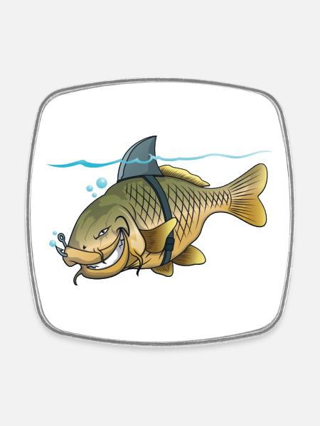 Shark Carp Lustiges Angelzeichentrick-Design - Viereckiger Kühlschrankmagnet - Weiß