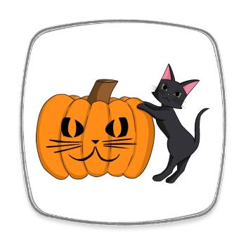 Black Cat with Pumpkin Grimace - Square fridge magnet - white - Front