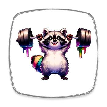 Rainbow Raccoon hebt schwere Langhantel - Viereckiger Kühlschrankmagnet - Weiß - Vorne