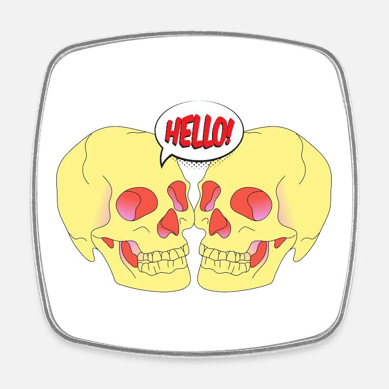 Crânes parlants drôles - Creepy Hello Design - Magnet carré - blanc