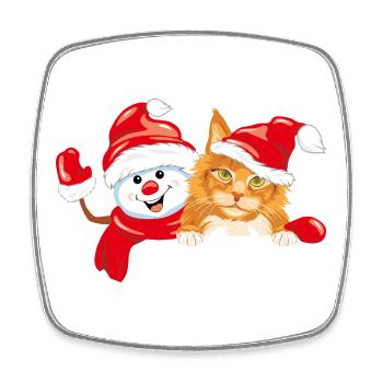Winkender glücklicher Schneemann und rote Katze - Viereckiger Kühlschrankmagnet - Weiß - Vorne