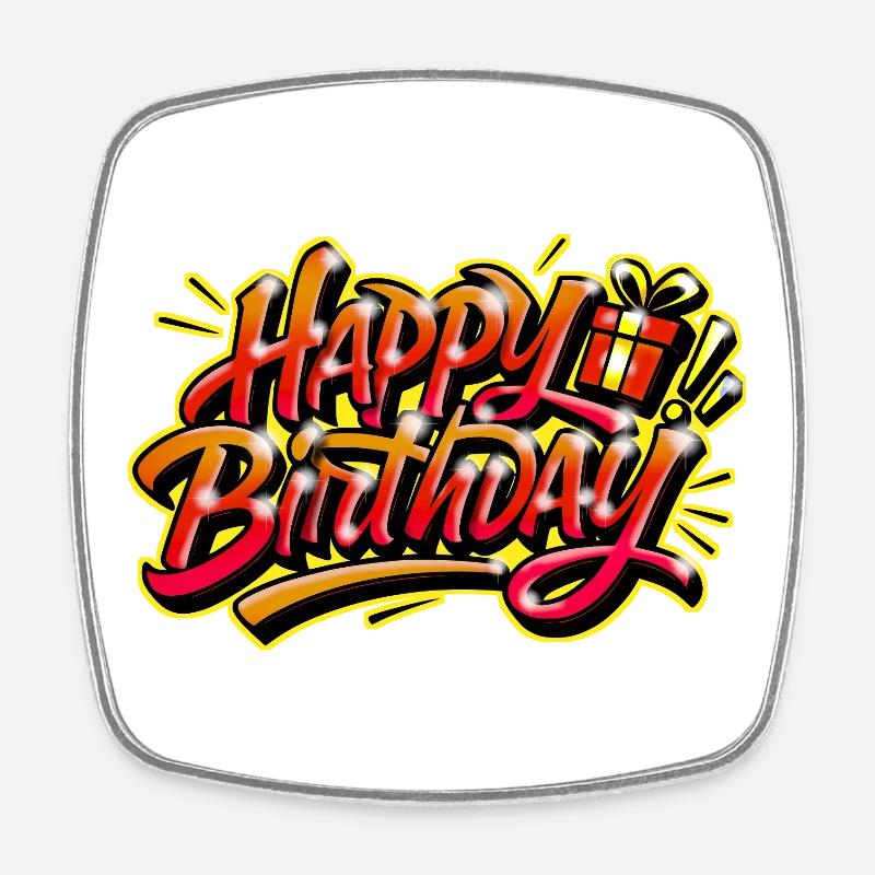 Happy Birthday Graffiti Yellow Red - Square fridge magnet - white