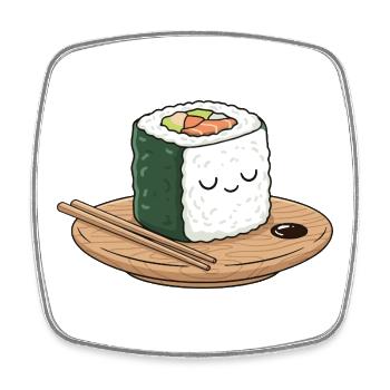 Kawaii Sushi auf Holzplatte mit Stäbchen - Viereckiger Kühlschrankmagnet - Weiß - Vorne