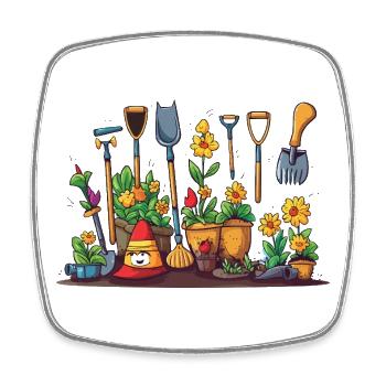 Un divertissement de jardinage avec des outils floraux - Magnet carré - blanc - Devant