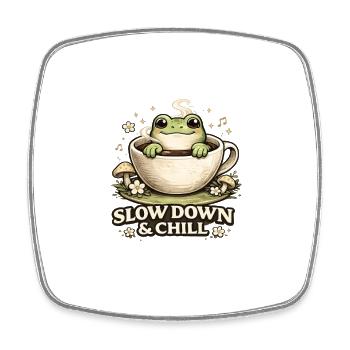 Slow Down & Chill – Cute Frog Coffee Aesthetic - Square fridge magnet - white - Front