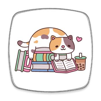 Cute Calico Cat Reading A Book On Stack Of Books - Square fridge magnet - white - Front