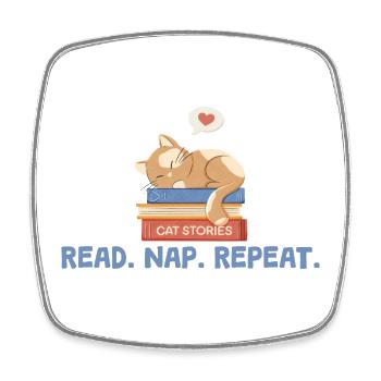 Cat on Books with Saying Read. Nap. Repeat. - Square fridge magnet - white - Front