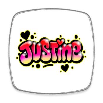 Justine Graffiti Name Printable Bubbles Hearts - Square fridge magnet - white - Front