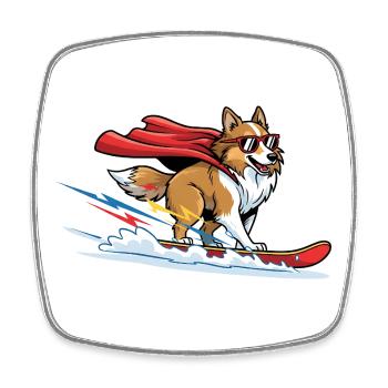 Superhero Corgi with Cape on Surfboard - Square fridge magnet - white - Front