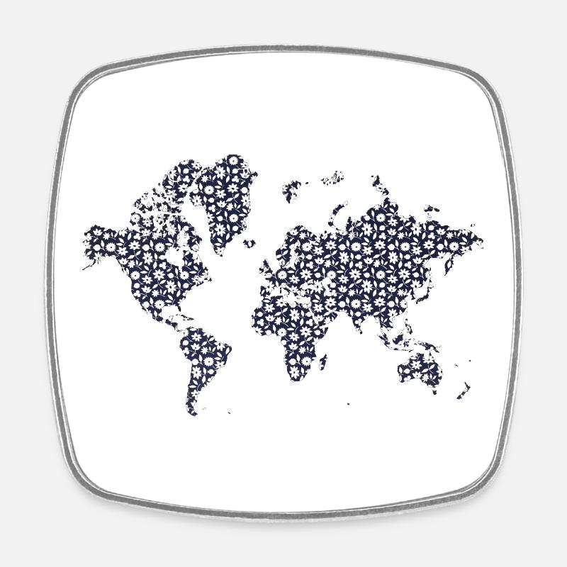 Carte du monde Décor floral noir et blanc - Magnet carré - blanc