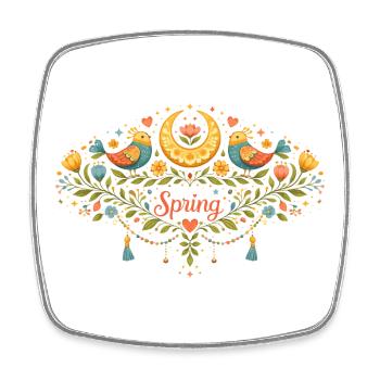 Spring ornament with flowers, birds and moon - Square fridge magnet - white - Front