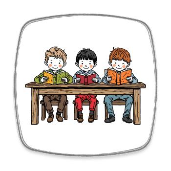 Drei Jungen am Tisch lesen ein Buch – Freundschaft - Viereckiger Kühlschrankmagnet - Weiß - Vorne