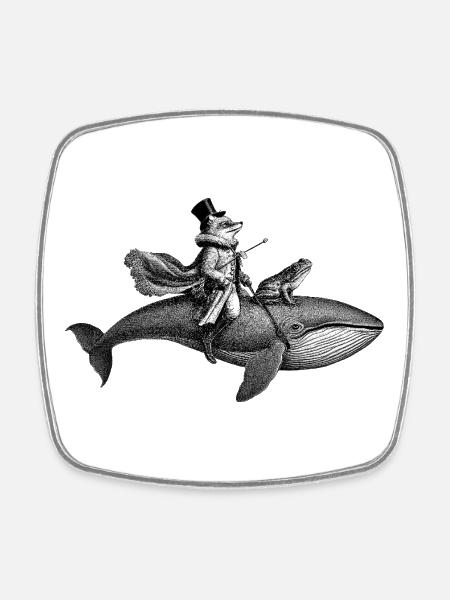 A fox riding a whale - Square fridge magnet - white