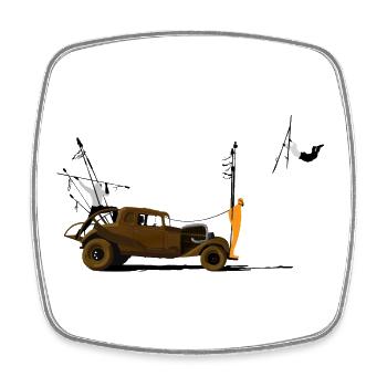 Vintage car and orange silhouette - Square fridge magnet - white - Front