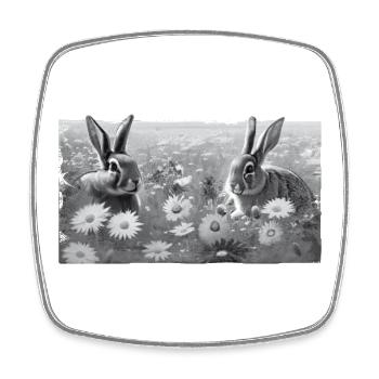 Bunnies on flower meadow GREY with frayed edge - Square fridge magnet - white - Front
