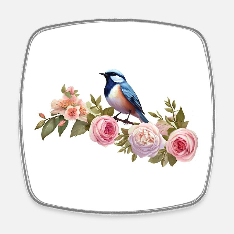 Oiseau sur une branche fleurie au printemps - Magnet carré - blanc