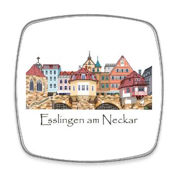 Dessin à la main de maisons à colombages colorées d'Esslingen - Magnet carré - blanc - Devant