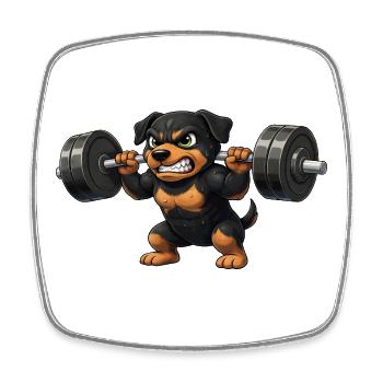 Cute Rottweiler Cartoon Weightlifter Fitness Bodysuit - Square fridge magnet - white - Front